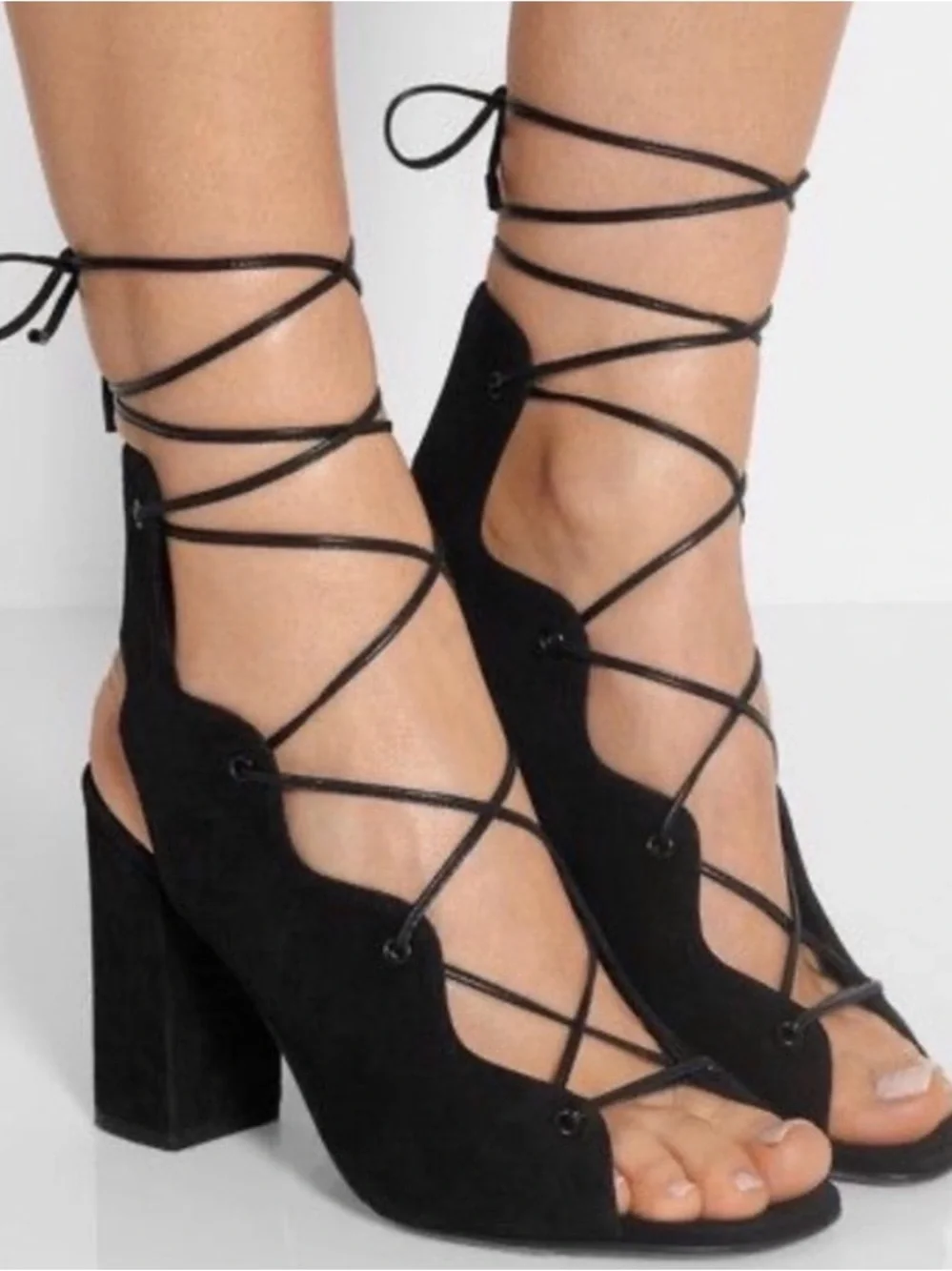 Yves Saint Laurent Black Lace-Up Suede Block Heel Sandals